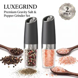 (2 Pack) Gravity Electric Salt and Pepper Grinder Set - Automatic One-Hand Mill, Battery Powered, LED Light, Adjustable Coarseness, Large Capacity Kitchen Kitchen Gadgets