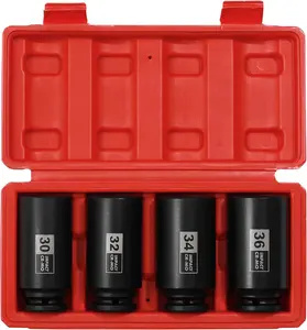 4PCS 1/2" Drive Deep Impact Socket Set, CR-MO, 12 Point, Metric, Deep Spindle Axle Nut Impact Socket Set-30mm, 32mm, 34mm, 36mm