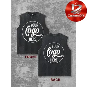 Summer Retro Customized Men's Training Sleeveless T-shirt Custom Logo Vintage Washed Black Tank Top, Double Sided Design Personalized Sleeveless Shirt for Running, Gym & Sports, Unisex Athletic Workout TeeCreate Your Own: Custom Logo Sleeveless T-Shirt