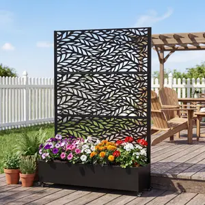 Aobtkel® Metal Raised Garden Bed with Wheels and Trellis, 73"x47"x16" Planter Box with Privacy Screen & Drainage Holes for Climbing Plants, Vegetables, Raised Garden Beds