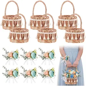 6 Pcs Rattan Woven Flower Basket with 6 Pcs Blue Wedding Wrist Corsage Small 5.12 x 8.27 Inch Rustic Wicker Floral Basket with Artificial Flowers and Handle for Home Wedding Birthday Decor