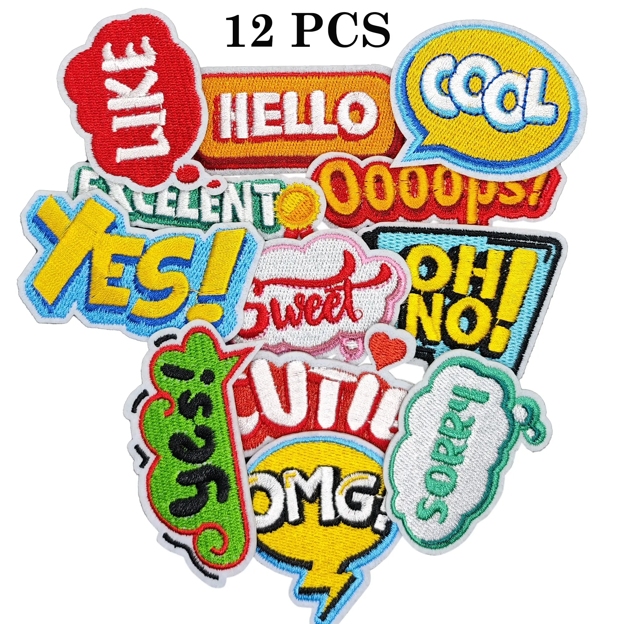 12PCS Funny Phrase Iron-On Embroidered Patches with Embroidered Design - Polyester Heat Transfer Applique, Patching Material for Clothing Customization, Sewing Supplies (Yes, Excellent, OMG, Hello, Like, OOOPS)