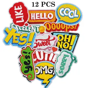 12PCS Funny Phrase Theme Iron on Embroidered Patches Yes Excellent OMG Hello Like OOOPS Embroidery Appliques patch applique