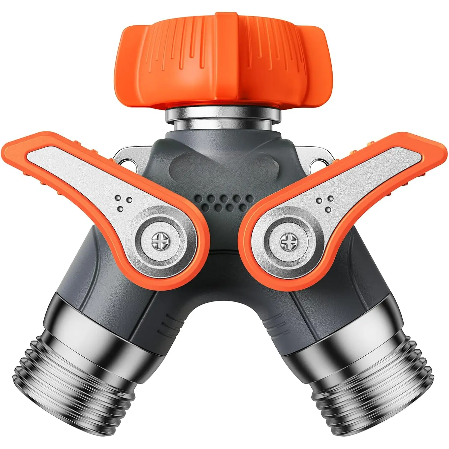 Garden Hose Splitter, 2 Way Heavy Duty Water Hose Y Spigot Splitter with Shutoff Valves,  Metal  Outdoor Faucet Splitter, 1.9" Extra Long Metal Handle, 3/4" GHT Thread (1, Orange)