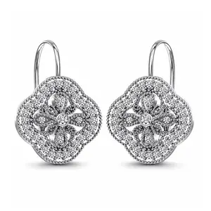 LeCalla 925 Sterling Silver Clover Drop Earrings | Openwork CZ Lever-Back Filigree Earring | Zirconia Leverback Drop Dangle Earring for Women - 20MM