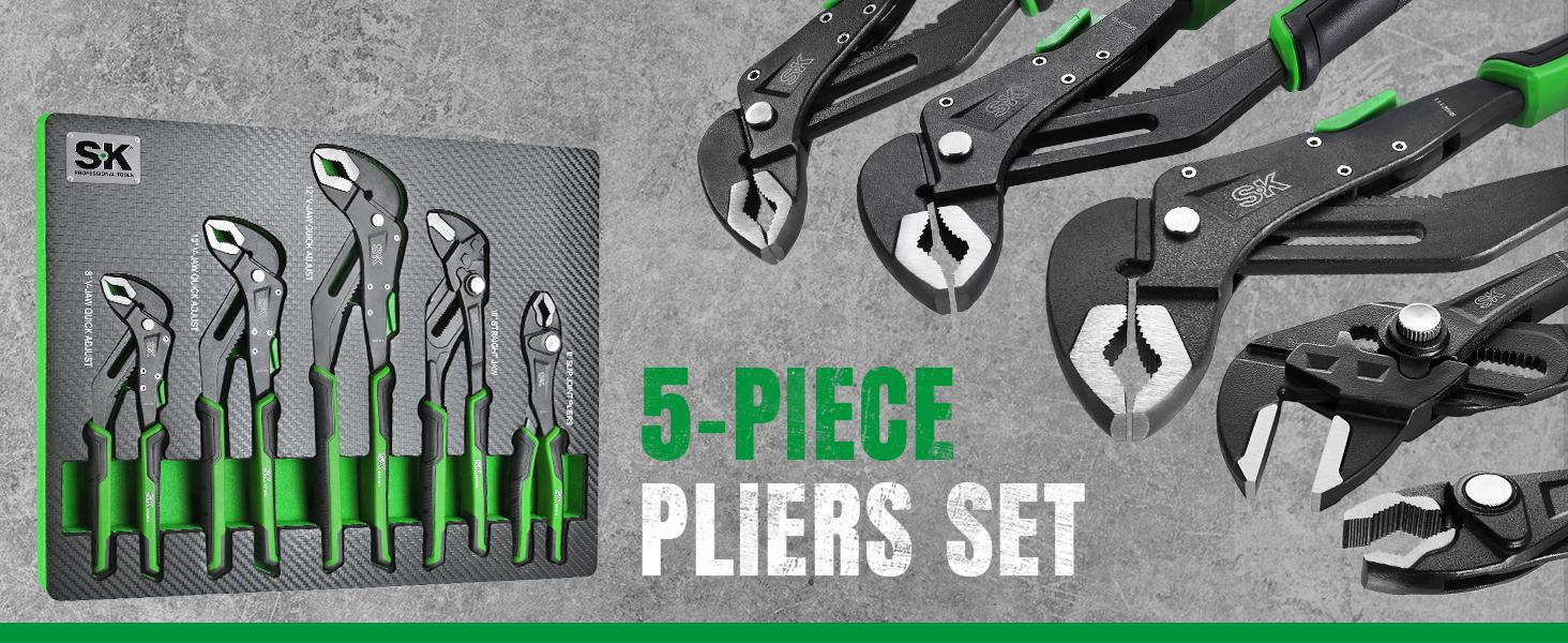 #SpringGlowUp SK 5-Pack Pliers Set, 8" Adjustable Joint Plier, 8", 10" and 12" Quick Adjust V-Jaw Groove Joint Pliers, 10" Plier Wrench, Premium CR-V Construction, with EVA Foam Tool Organizer