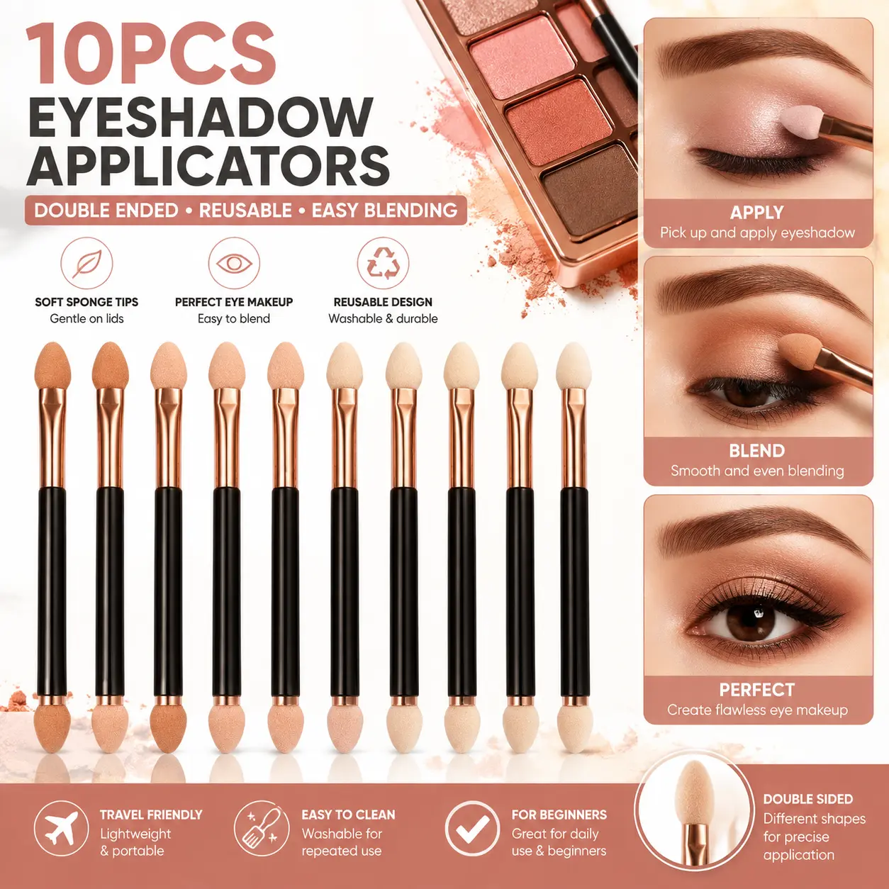 10PCS Double End Eyeshadow Applicator Brushes, Reusable Sponge Eye Makeup Tools for Blending and Daily Makeup
