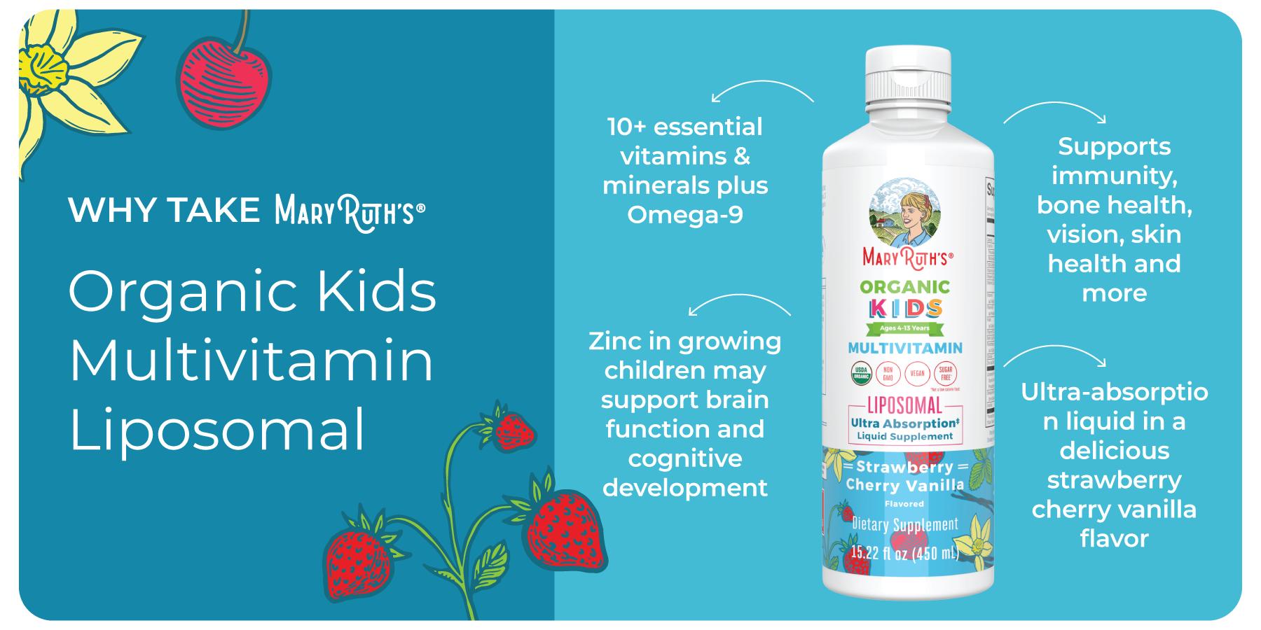 MaryRuth's USDA Organic Kids Multivitamin Liposomal - Sugar Free Liquid for Kids - Immune Support - Cognitive Health - Vegan - Non-GMO - 15.22 Oz