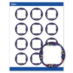 Avery® Printable Christmas Labels with Sure Feed® Technology, Round, 2" Diameter, Pre-Printed Navy Border with Silver Metallic Frame Design, Matte White, Laser & Inkjet Compatible, 120 Total