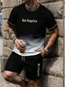 Men's Printed Short Sleeve T-Shirt & Shorts Set, Los Angeles Gradient Print, Casual Summer Two-Piece Set, Fitted Knee Length