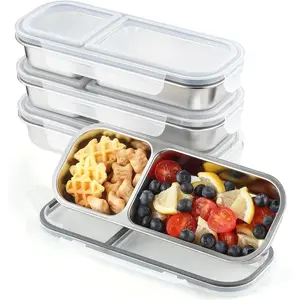Stainless Steel Snack Containers with Lids- 2 Compartments Bento Lunch Snack Boxes for Adults -  Meal Prep Lunch Box for Home Travel (2compartment4PCS)
