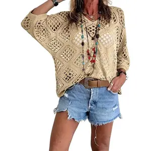 Women's Bohemian-Inspired Beige Crochet Top with V-Neck