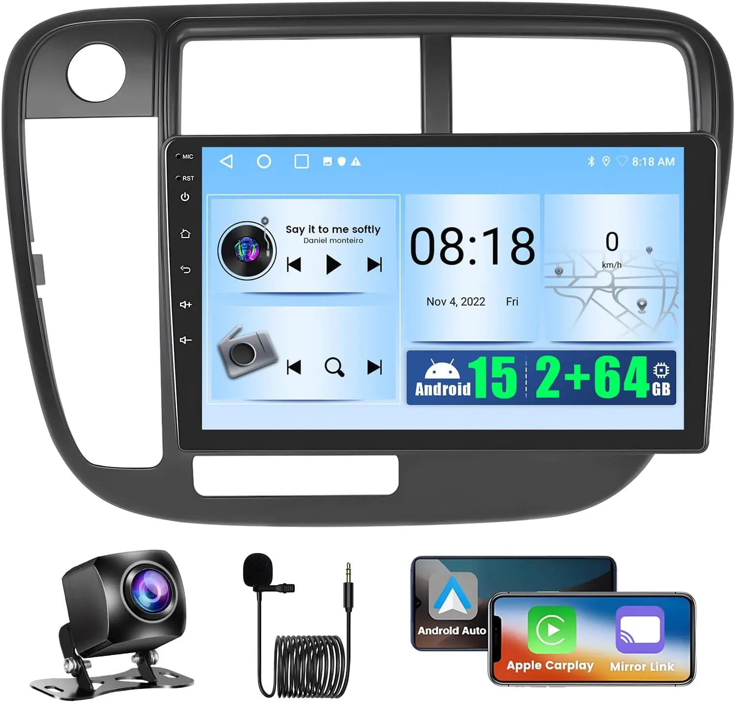 Podofo 9" Android 15 Car Stereo Unit for Honda Civic 1996-2001, In-Car Audio with Wireless CarPlay, Android Auto, Wireless Sync, GPS Navigation, Mirror Link, WiFi, Bluetooth, FM, EQ, 2+64G, SWC + Backup Camera