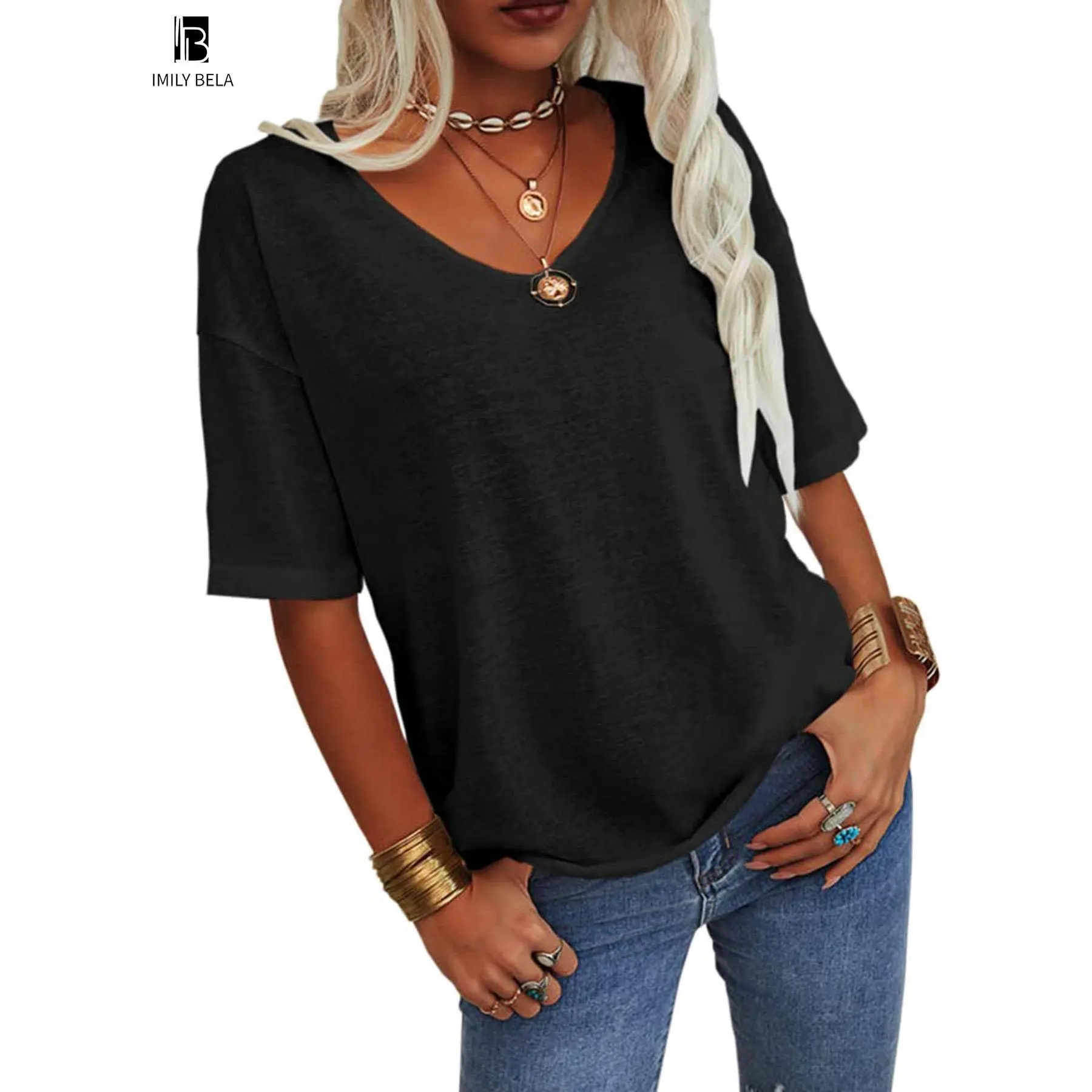 Women's Plain V Neck Drop Shoulder Tee, Casual Chic Minimalist Solid Color Half Sleeve T-shirt for Summer, Women's Basic Top for Daily Wear Women's Plain V Neck Drop Shoulder Tee, Casual Chic Minimalist Solid Color Half Sleeve T-shirt for Summer, Women's Basic Top for Daily Wear