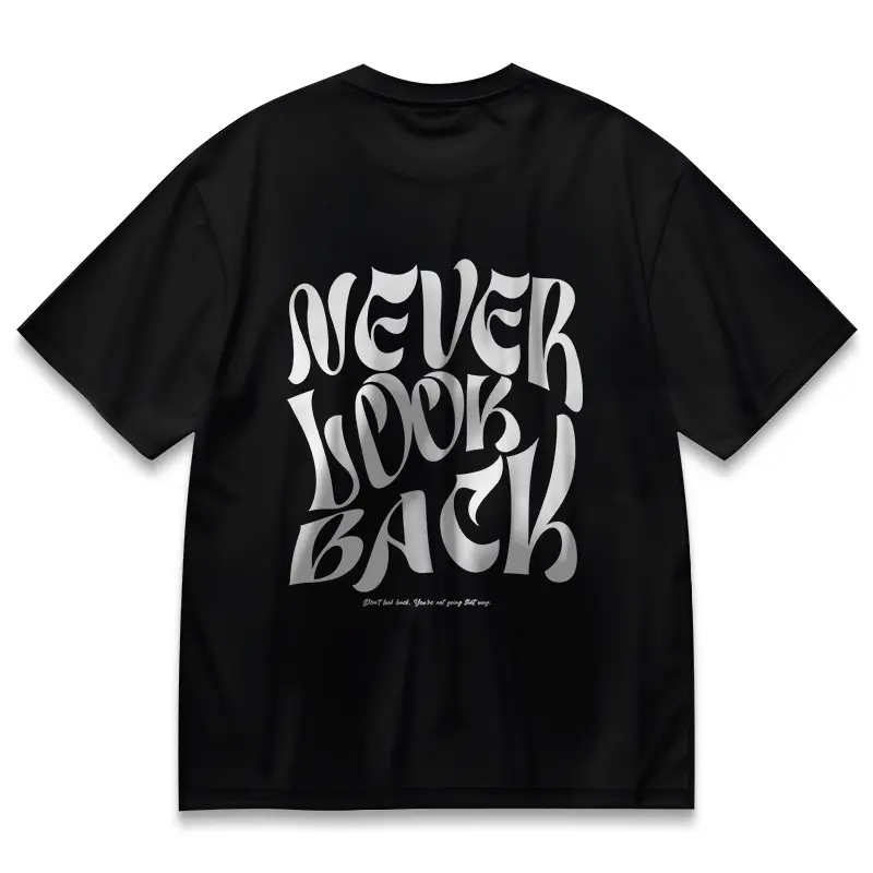 Never Look Back Retro Gothic Typography Tee Unisex Vintage Quote Graphic Shirt Streetwear Casual Cotton Top Menswear Short Sleeve Drop Shoulder Crew Neck
