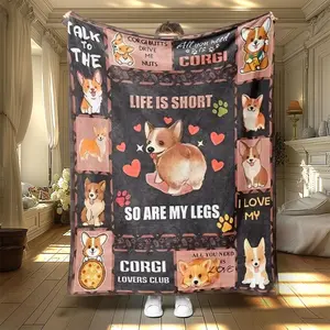 Cartoon Corgi Pattern Blanket, 1 Count Casual Soft Comfortable Warm Throw, Air-conditioned Room Nap Blanket for Home & Office & Travel