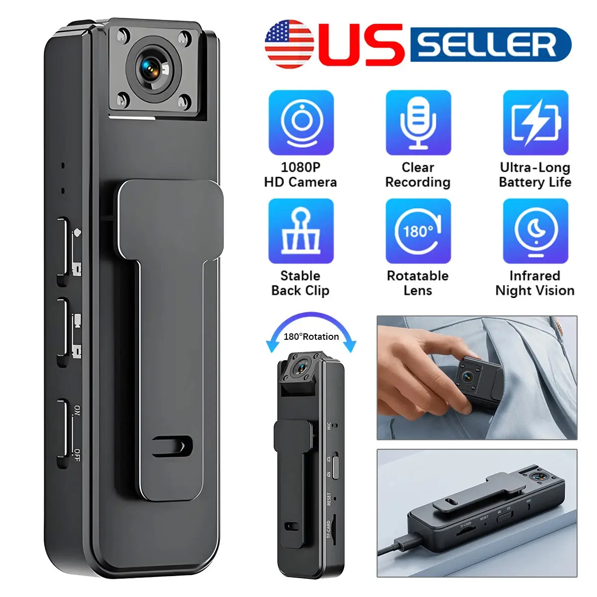 Wireless Vlog Body Camera With 32G TF Card, 1080P Camcorder, Wearable Body Cam with Night-Vision & 180° Rotation Lens, Portable Sport DV Camcorder for Outdoor Sport Skiing Cycling Hiking（No APP）