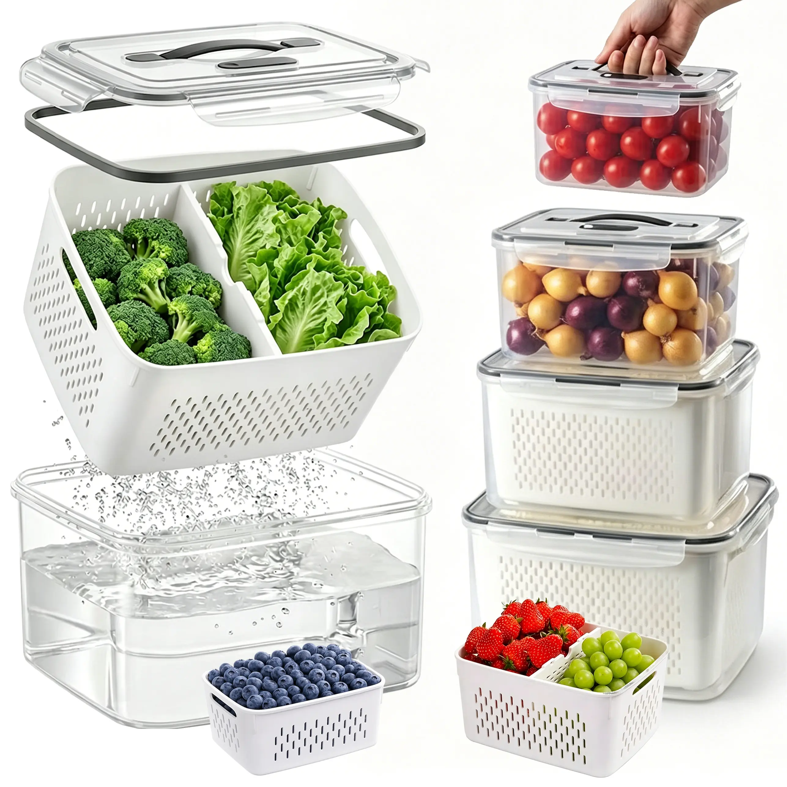 Portable Outdoor Food-Grade Picnic Container, Drainable Fresh-Keeping Storage Box for Refrigerator Fruits & Vegetables