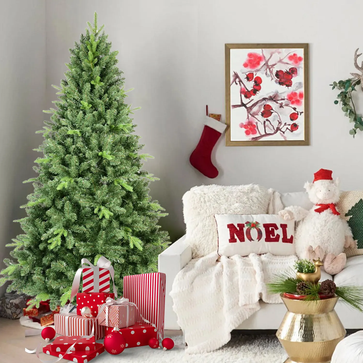 Hardware 7.5FT Classic Christmas Tree with 2155 PE+PVC Tips – Realistic Hinged Branches, Easy Assembly, Stable Metal Stand, Full Natural Look for Holiday Decorating