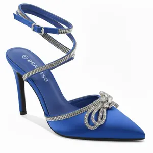 Berss High Heels - Blue Satin with Rhinestone Bow and Ankle Strap for Women