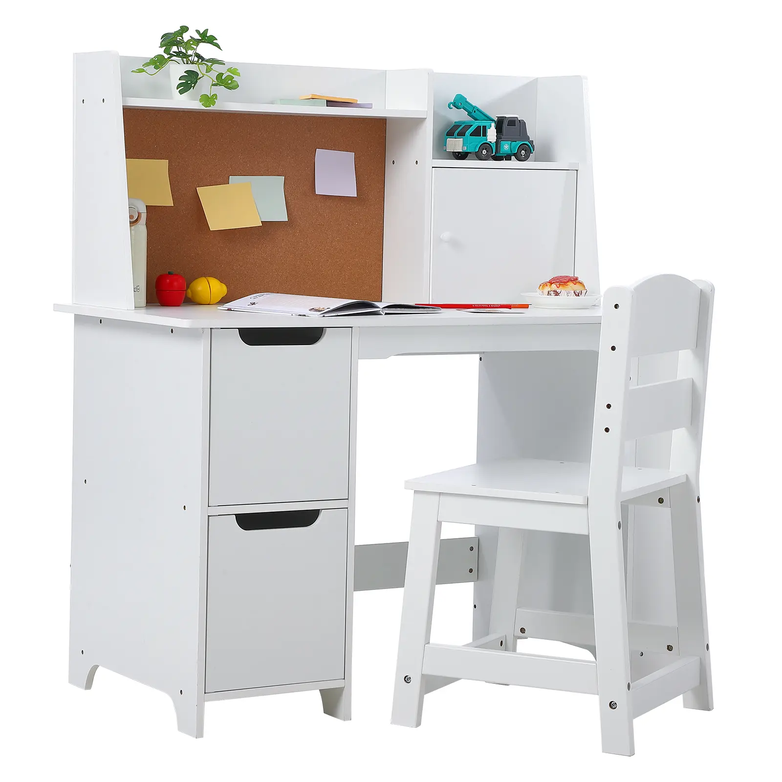Kids Desk and Chair Set – Wooden Study Table with Bookshelf, Storage Drawers, Bulletin Board – Ergonomic Writing Desk for Boys and Girls – Perfect for Learning, Reading, Home School – White