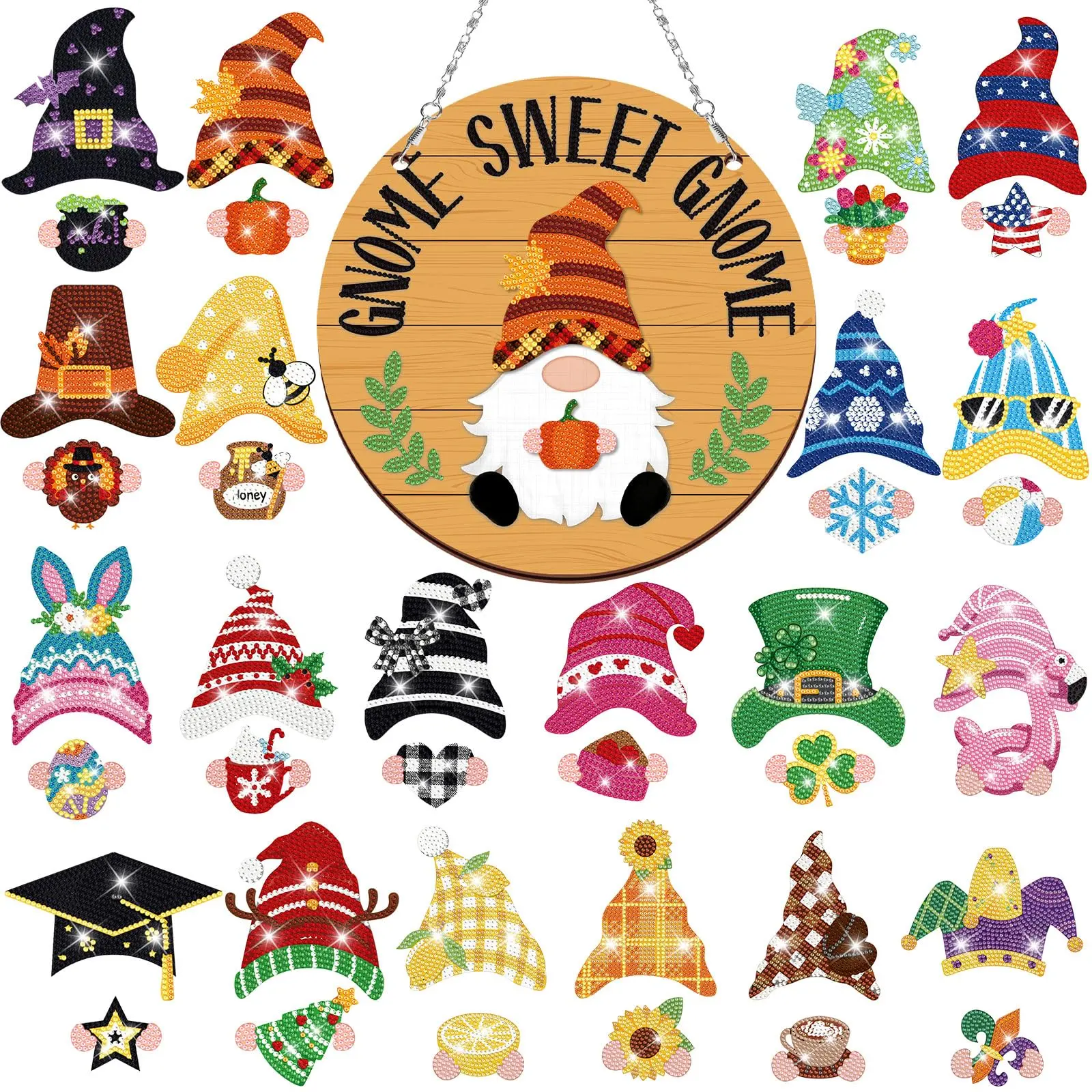 31pcs Diamond Painting Interchangeable Welcome Sign DIY Gnome Sign Fun Holiday Seasonal Gnome Hanging Door with Magnet Detachable Hats Cute Gnome Hang for Halloween Christmas Back-to-school, Birthday Party, Home Wall Office Living Room, Farmhouse Porch