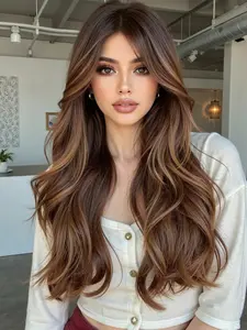 Chestnut Brown Balayage Long Wavy Wig with Curtain Bangs | Natural Looking Heat Resistant Synthetic Soft Hair
