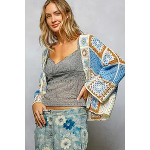 POL Clothing Granny Square Crochet Front Tie Wide Sleeve Cardigan