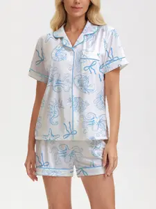Summer Sea Wind Seahorse Octopus Sleepwear Set for Women, Pajama Set, Blue Hand-Drawn Short Sleeve Shorts, Casual Home Wear, Party
