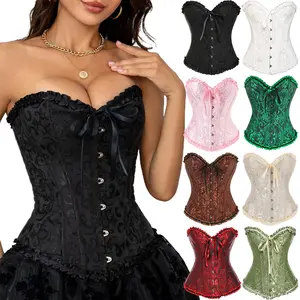 Women Lace Up Boned Overbust Bustier Lingerie Corset Tops Bustier Shapewear Lingerie Lace Waist Push Up Corset