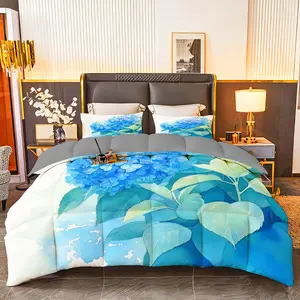 3pcs (1 comforter + 2 pillowcases) All-Season Bedding Set, Soft & Fluffy, Hypoallergenic, Wrinkle & Fade Resistant, Easy-Care, Watercolor Hydrangea Pattern, Queen/King/Full Size, Hotel-Quality Durable Fabric for Bedroom Guest Room Home Dorm