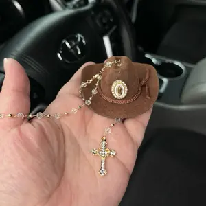 Virgin Marry Car Blessing Charm. Handmade Protection Gift Decoration, Brown Sombrero, Cross pendant
