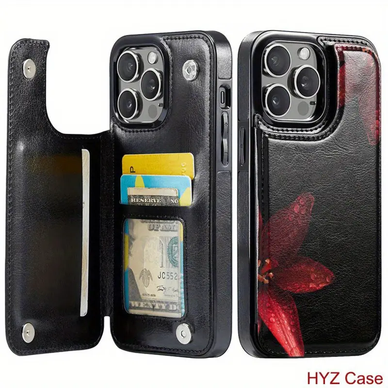 Elegant Red Lily Leather Wallet Card Holder Phone Case for iPhone 17/16/15/14/13/12 Pro/Plus/Pro Max/Air Protection Shockproof Floral Design TPU PC PU Leather Cover