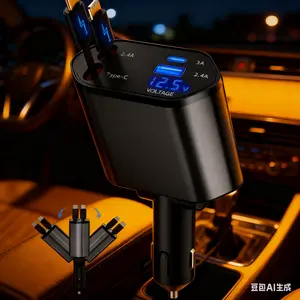 4 in 1 Retractable Automotive Charger, USB-C Super Fast Charging Adapter with Lightning Cable, Compatible with iPhone 16/15/14/13 Pro Max Plus, Samsung S23/S22/S10