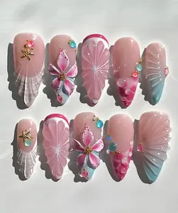 3D Seashell Press On Nails Tropical Flower Pink and Blue Ocean Nails Gif For Her