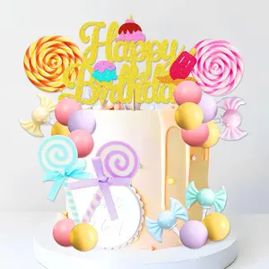 LaVenty Candyland Cupcake Toppers Ice Cream Candy Cake Topper Lollipop Cake Decoration with Ice Cream for Sweet Theme Birthday Baby Shower Bridal Shower Party Supplies