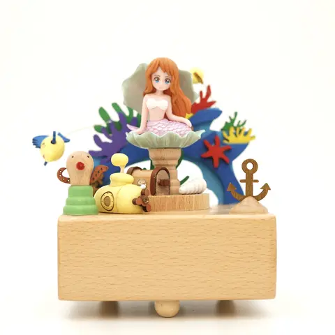 Handmade Unisex Mermaid Theme Solid Wood Mechanical Music Box - Clockwork Play, Rotating Decoration, Novelty Gift, Home/Festive Party Accessory, Space Character Enhancer, None
