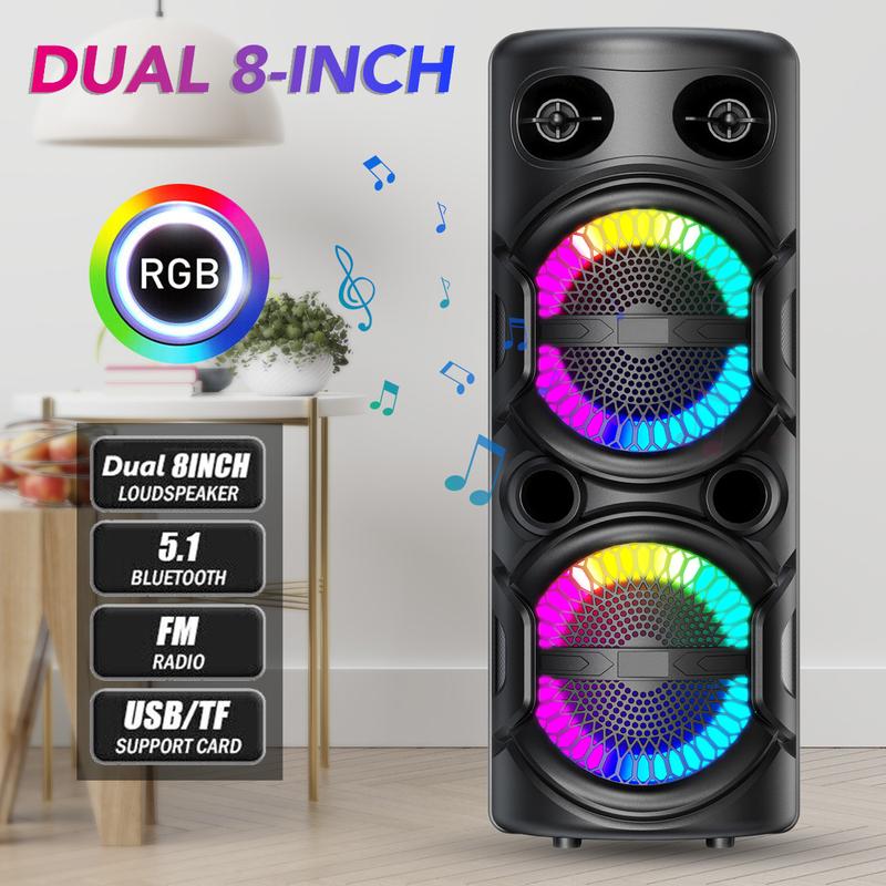 Portable Bluetooth Speaker Dual 8 inch Subwoofer Party Speaker Rechargeable With Microphone LED Light FM Remote Control Sound System