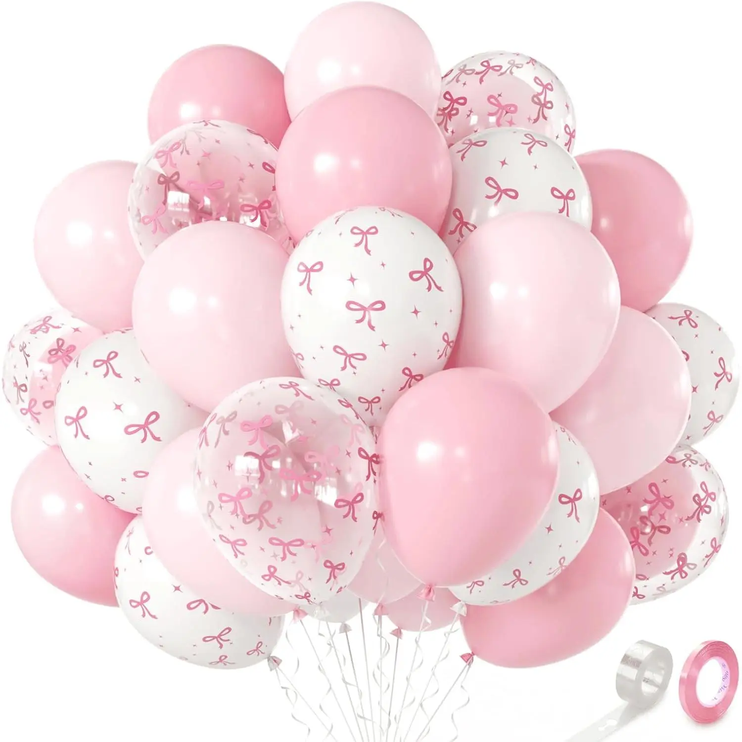 Bow Balloons, 60 count 12in Light  Clear White Latex Balloon with Bows and Bow Balloons  for Birthday Bachelorette  Party Girl Shower Wedding Decorations