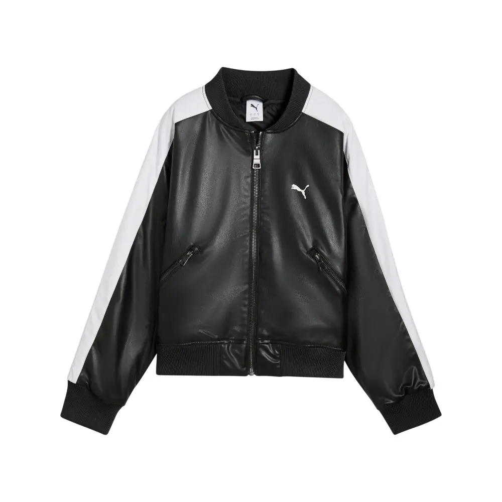 PUMA Womens T7 Pleather Bomber Jacket Athletic Outerwear Casual - Black