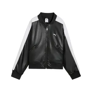 PUMA Womens T7 Pleather Bomber Jacket Athletic Outerwear Casual - Black