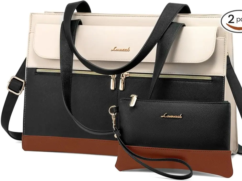 PowerFemme Office Laptop Bag for Women 15.6 Inch Laptop Tote Work Bag Professional Leather Computer Briefcase Waterproof Handbag Shoulder Bag Large Capacity Business Teacher Office Bag Crossbody Purse