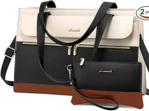 PowerFemme Office Laptop Bag for Women 15.6 Inch Laptop Tote Work Bag Professional Leather Computer Briefcase Waterproof Handbag Shoulder Bag Large Capacity Business Teacher Office Bag Crossbody Purse