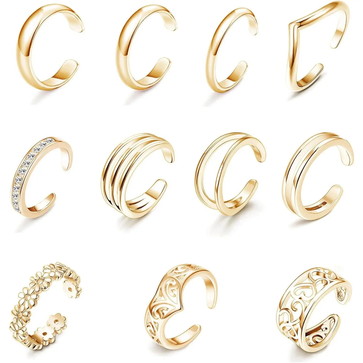 FINREZIO 12 Pcs Golden Boho Copper Toe Ring Set for Women Men Adjustable Open Toe Rings with Unique Patterns Sweet Flower Delicate Hollow Out Design Durable Jewelry Set for Summer Beach Daily Outfit Bridesmaid Gift