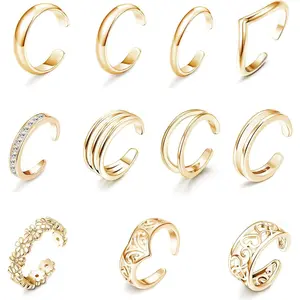 FINREZIO 12 Pcs Golden Boho Copper Toe Ring Set for Women Men Adjustable Open Toe Rings with Unique Patterns Sweet Flower Delicate Hollow Out Design Durable Jewelry Set for Summer Beach Daily Outfit Bridesmaid Gift