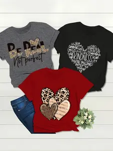 Three-piece set Women's Round Neck Casual Loose Fit Heart Print T-Shirts, Spring & Summer Fashion, Multiple Colors Available, Fitted Style