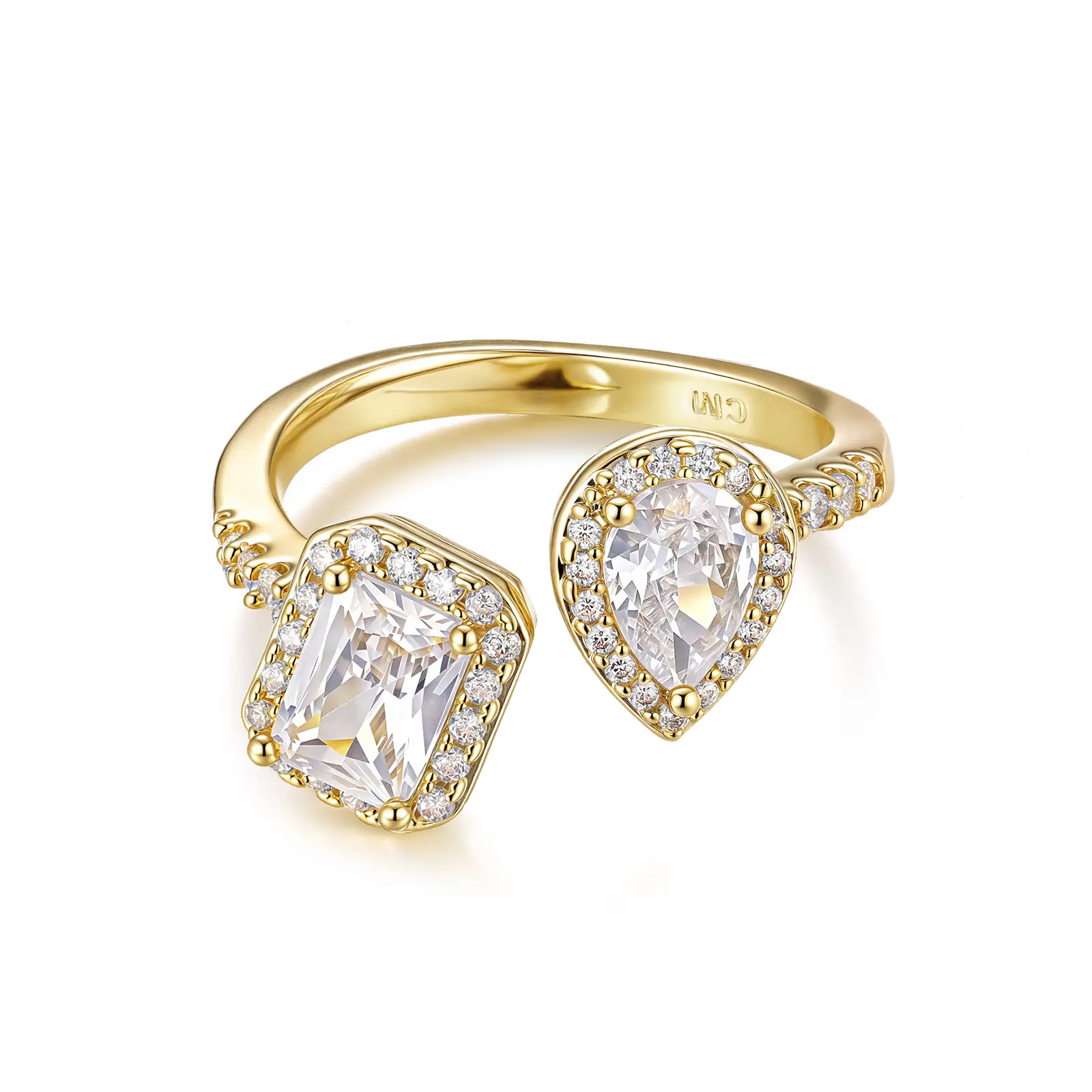 MEIITRUE 14K Gold Plated Dual Stone Adjustable Open Ring with Pear & Emerald Cut 5A Cubic Zirconia Cz Diamond for Women's Elegance backtoschool