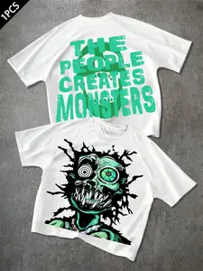 Men's Monster Print Round Neck Crop Tee, Loose Casual Streetwear Fashion Short Sleeve T-shirt for Daily Wear, Men's Top for All Seasons, Tropical