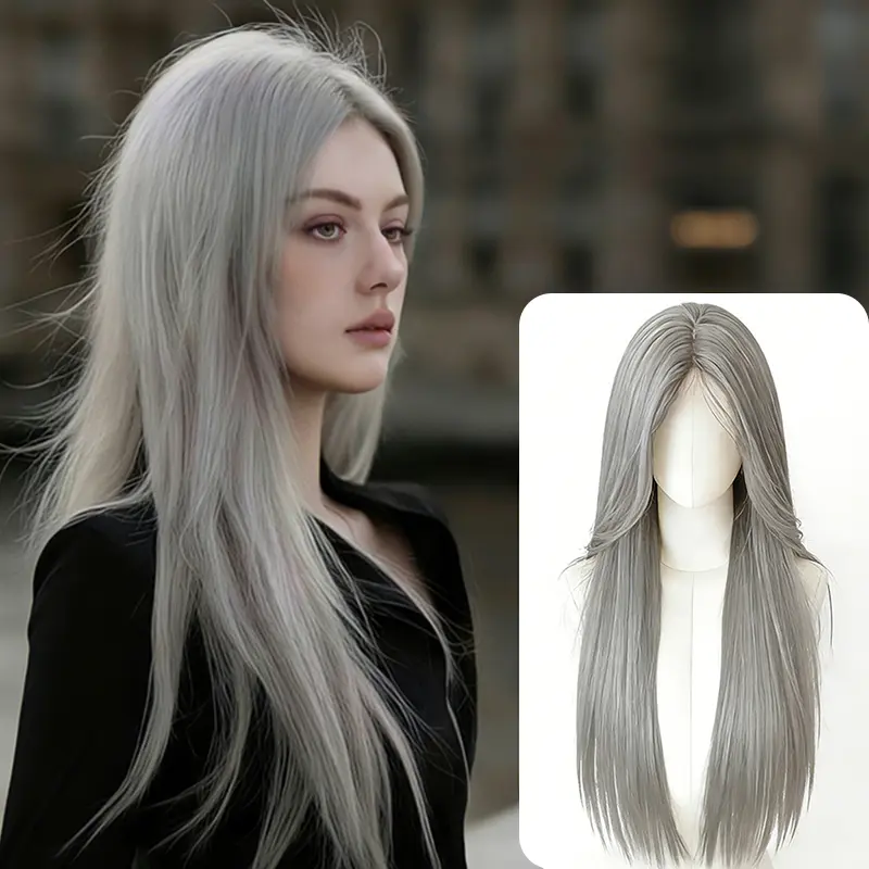 Lotfon Female Glueless Straight Wig, 25 Inches Long Heat Resistant Synthetic Ash Beige Blonde Hair, Lightweight Breathable Adjustable-Fit Full Machine Wig for Women's Fashion Accessories, Glueless Straight Wigs, Synthetic Hair
