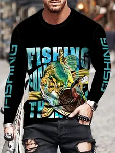 Men's Fishing Long Sleeve Shirt, with Bass Fish Print, Vibrant Graphics Pattern, Fitted Crop Design, Sporty Style for All Seasons